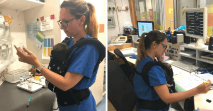 Nurses using babywearing while taking care of premature babies.