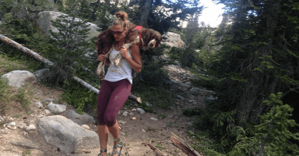 Woman rescues dog and carries him all the way through her hiking trip