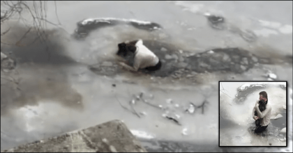 Man saves dog from drowning in a freezing cold lake