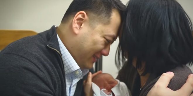 Emotional moment couple who have waited for 9 years for a baby meets their son for the first time