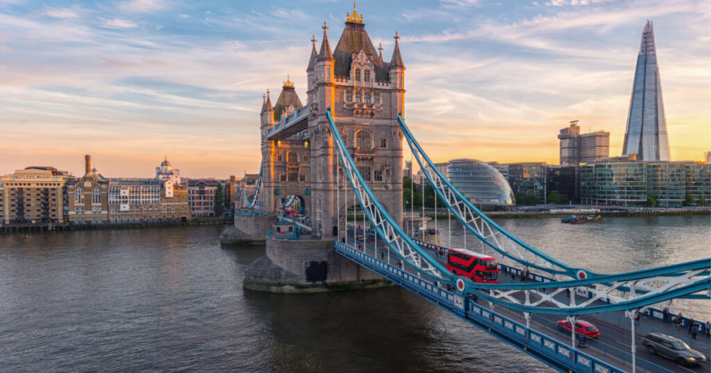 Tower Bridge in London, the UK. Sunset with beautiful clouds
