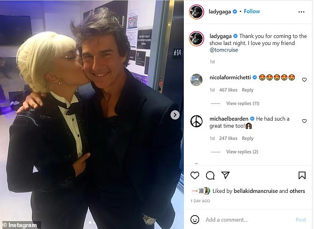 She likey: It was a rare social media sighting for the 29-year-old adopted daughter of Cruise and Nicole Kidman. Pictured: Lady Gaga and Tom Cruise