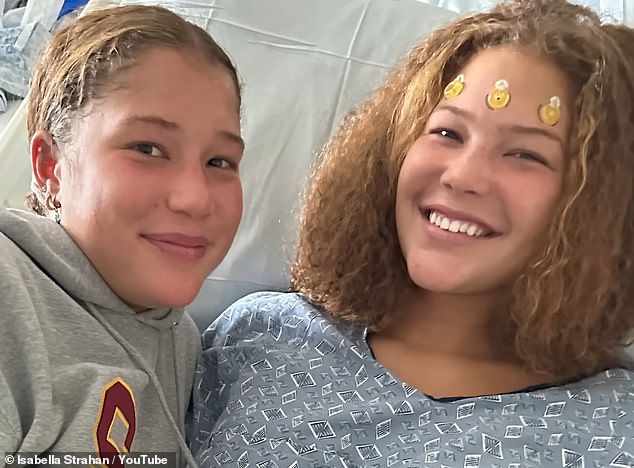 The 19-year-old also had to undergo the egg freezing process, as the radiation and chemotherapy can effect her fertility (pictured with her twin sister, Sophia, in hospital)