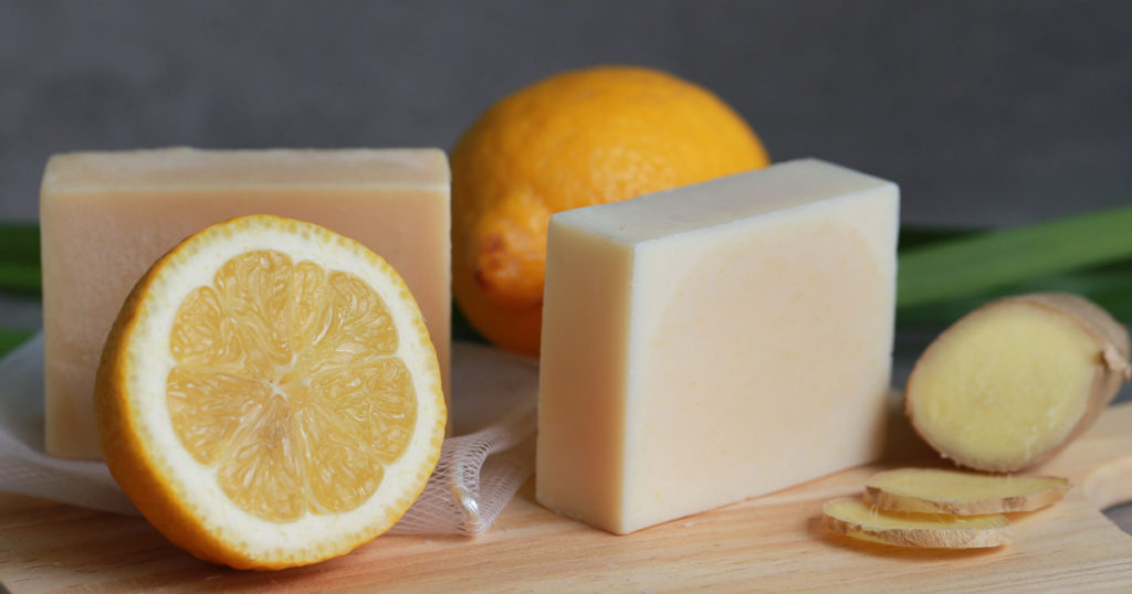 Natural handmade soap bars with lemon, ginger and lemongrass.
