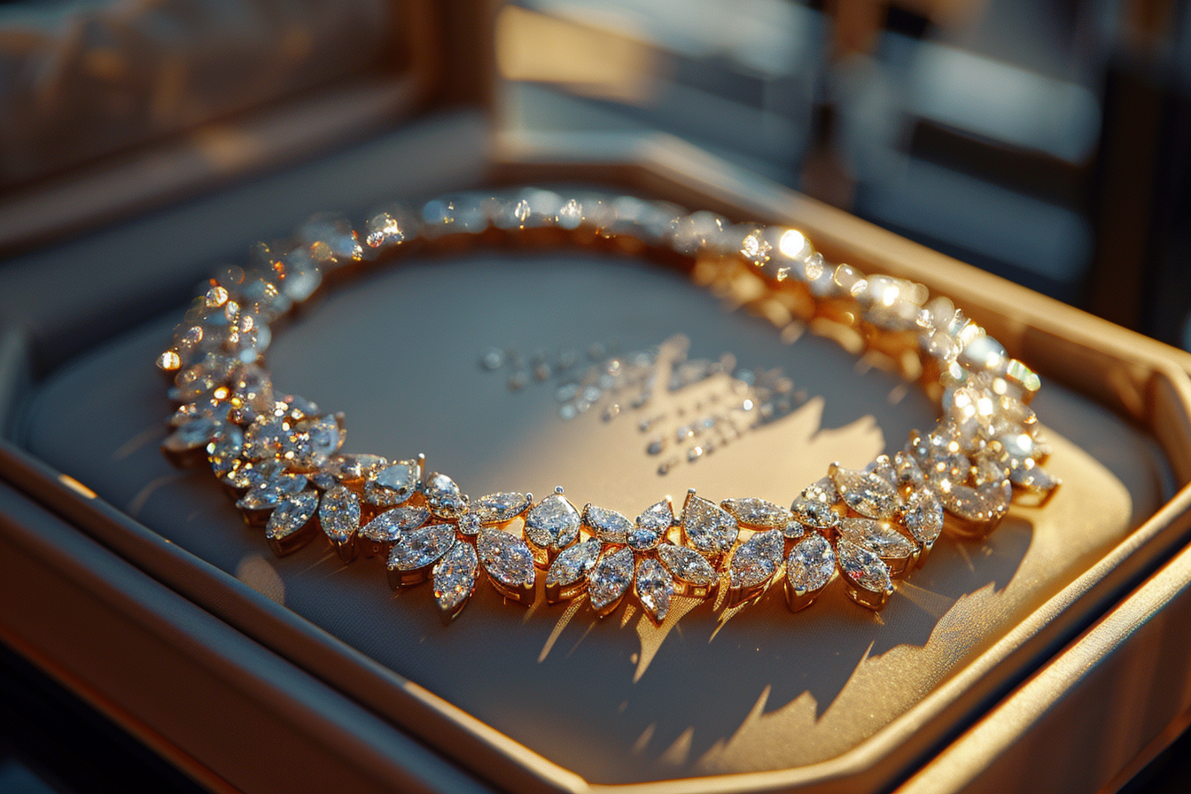 A glistening diamond necklace in a jewelry box | Source: Midjourney