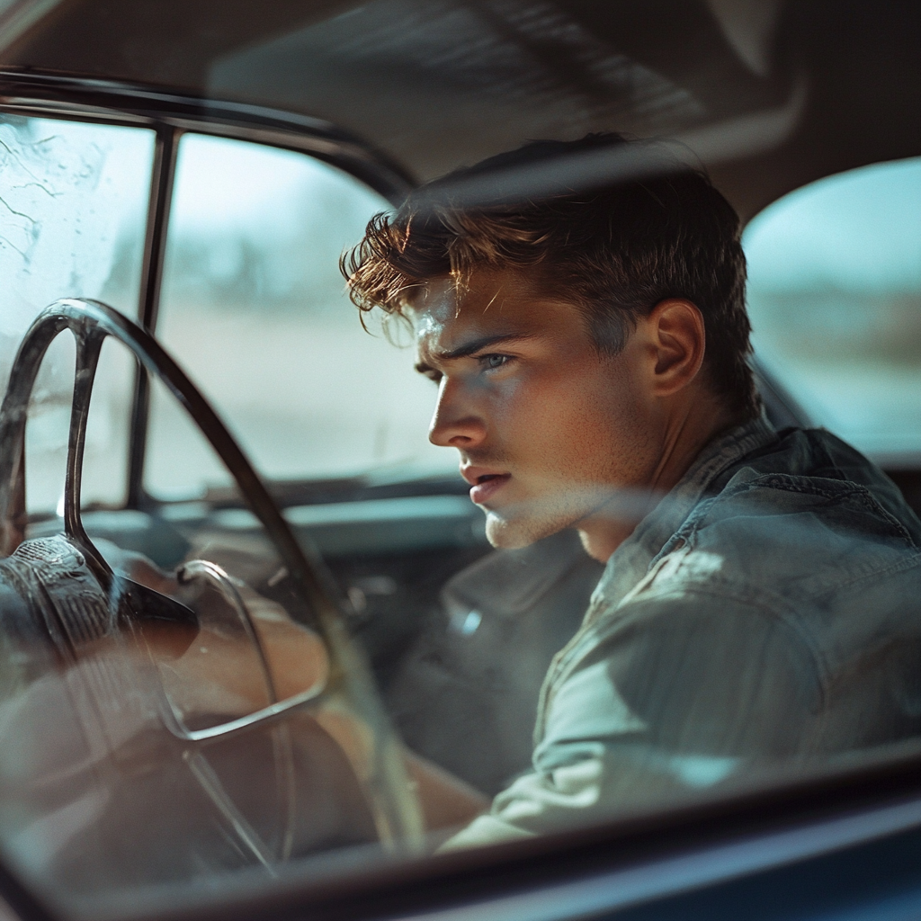 A young man in a car | Source: Midjourney