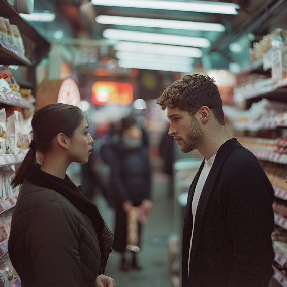 A man talking to a female store assistant | Source: Midjourney