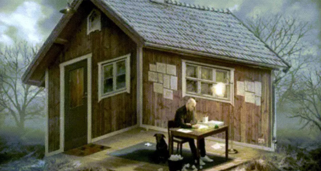 An illustration of a man sitting at a table with a dog. house, trees, sky, and clouds in the background. 