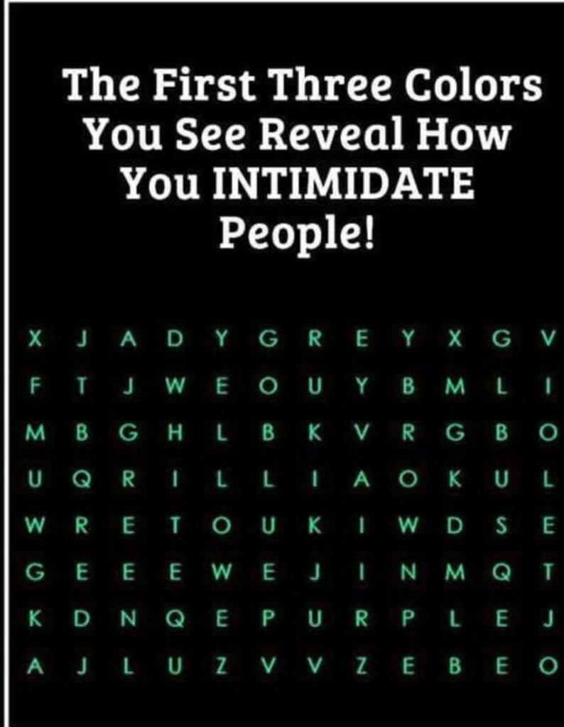 A personality test that appears like a word search with a black background and green and white letters. 