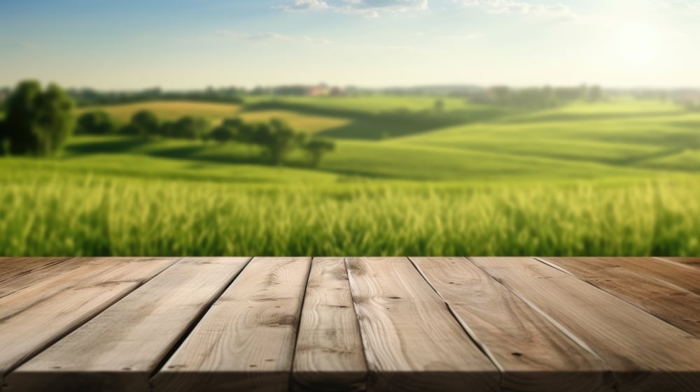 The empty wooden brown table top with blur background of farmland and blue sky. Exuberant image.