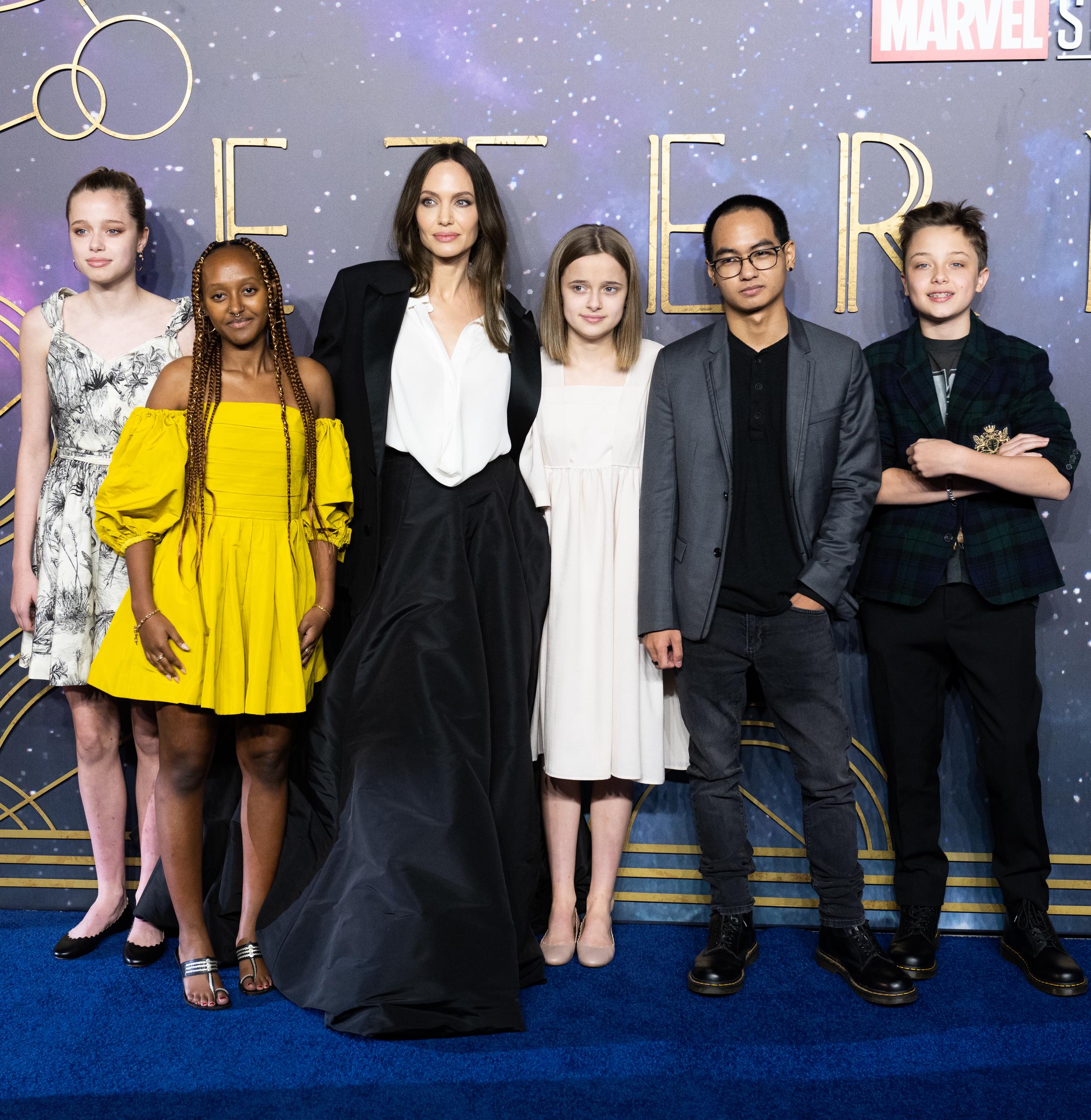 Shiloh, Zahara, Angelina, and Vivienne Jolie with Maddox and Knox Jolie-Pitt at the U.K. premiere of "The Eternals" in London, England on October 27, 2021 | Source: Getty Images