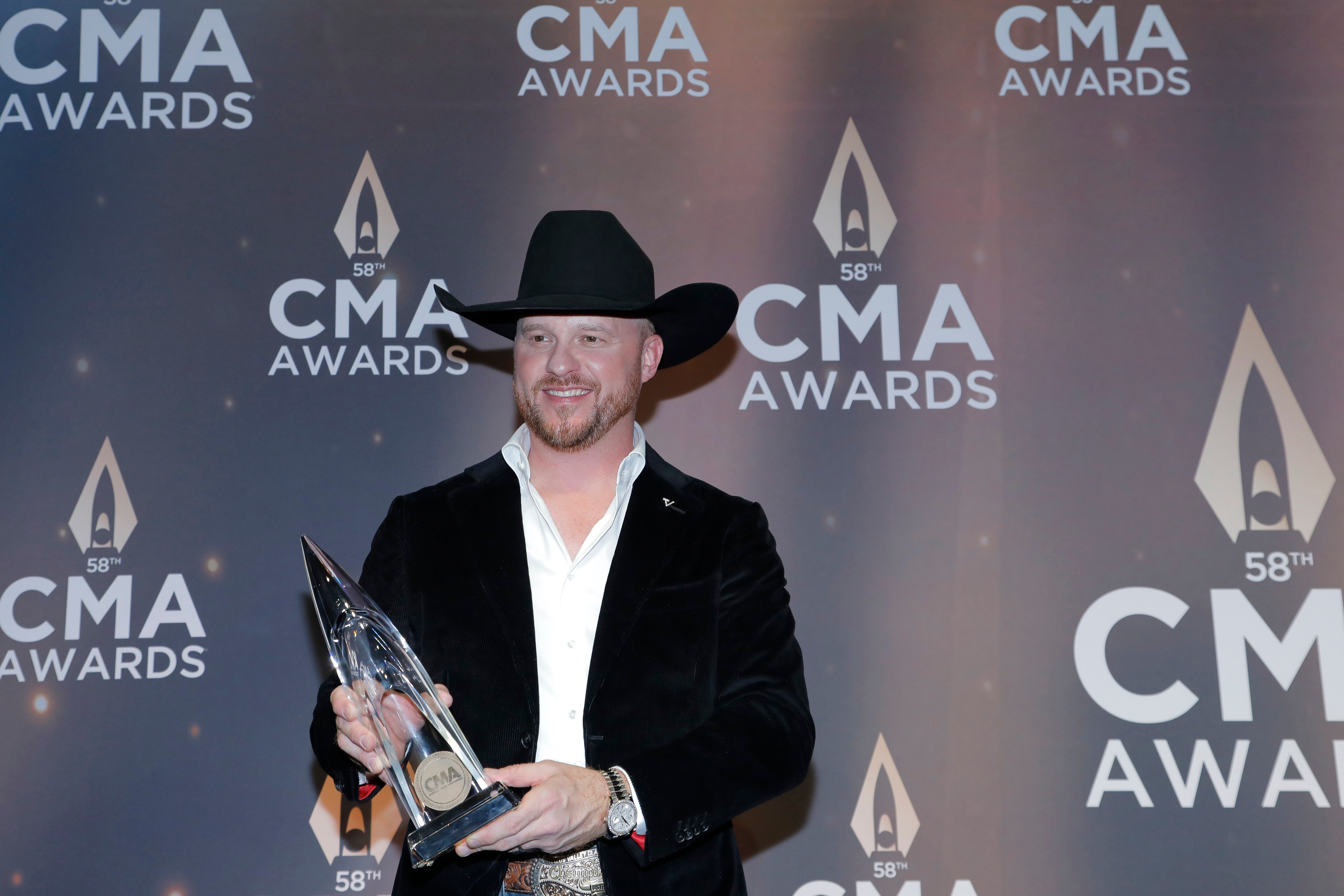 Cody Johnson, winner of the Album of the Year award for "Leather," poses with his award during The 58th Annual CMA Awards on November 20, 2024 in Nashville, Tennessee.