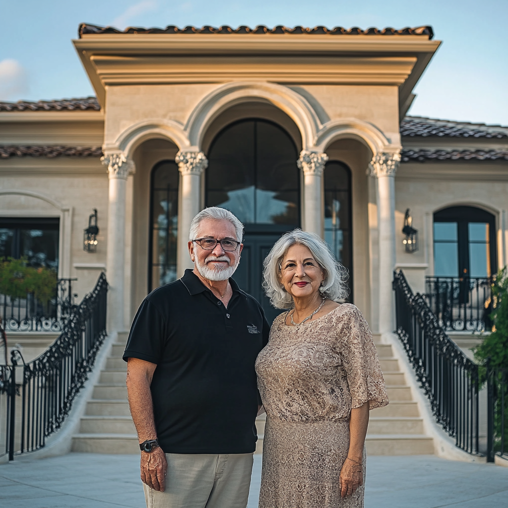 Senior couple standing infront of a luxurious house | Source: Midjourney