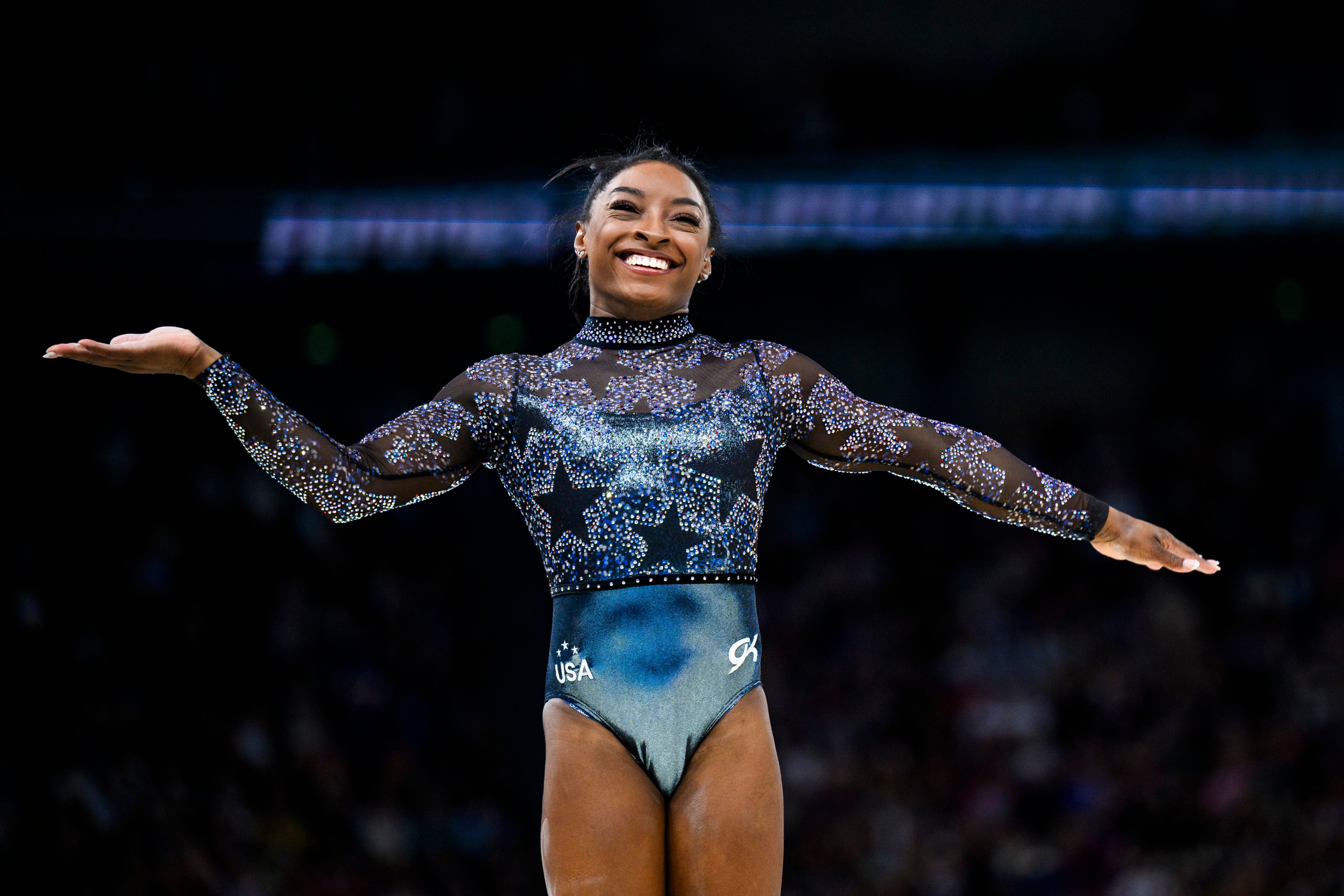 Simone Biles reacts after her balance beam routine at the Paris 2024 Olympics on July 28, 2024 | Source: Getty Images