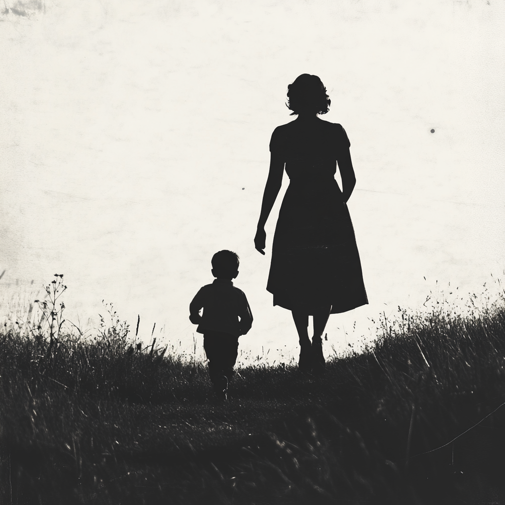 Silhouette of a woman walking away with a little boy | Source: Midjourney