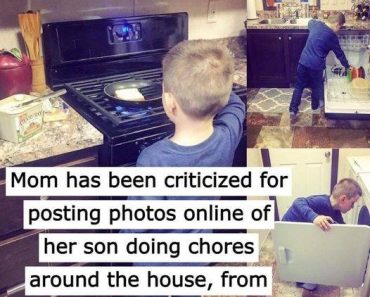 Mom has been chastised for uploading images of her son doing household tasks, such as cleaning and cooking, on the internet