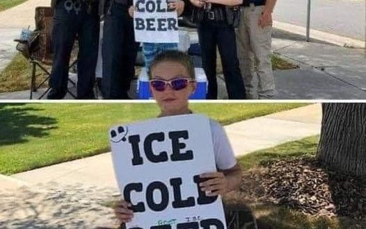 Police are called on boy selling ‘Ice Cold Beer’ but his clever sign has them laughing