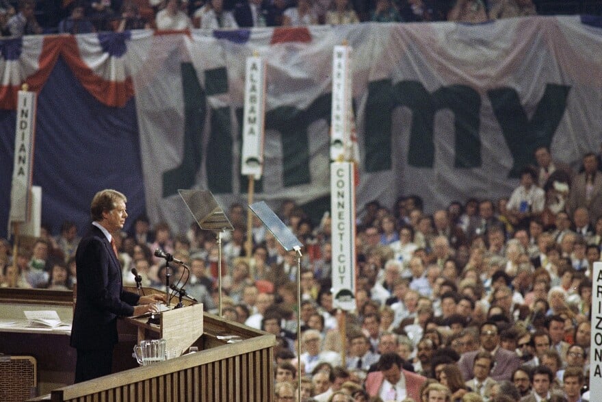 Jimmy Carter is seen giving a speech after accepting the Democratic nomination for president at the Democratic National Convention in 1976.