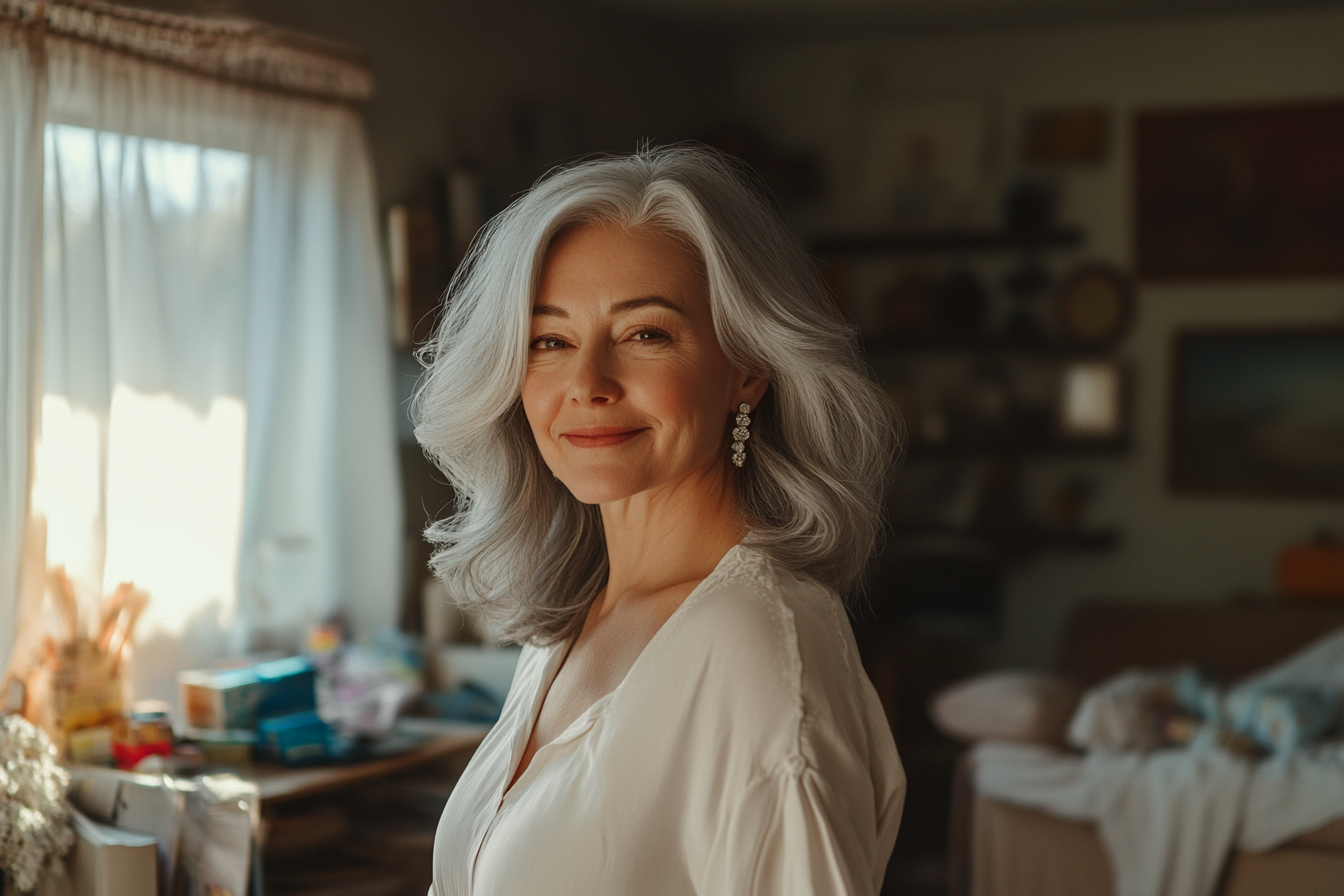 A woman in her 60s smiling while standing in a messy living room full of baby stuff | Source: Midjourney