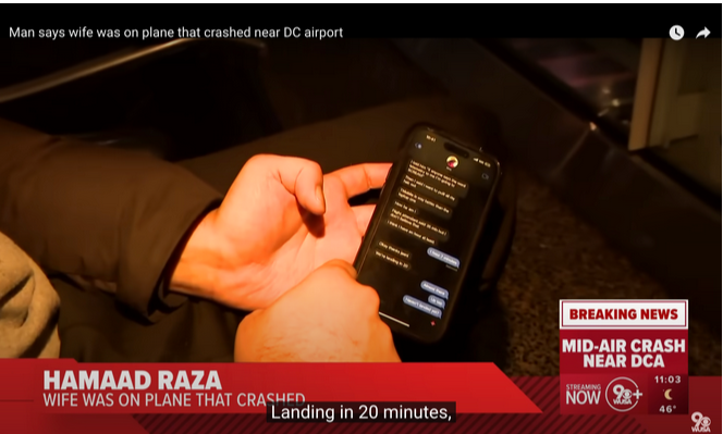 Hamaad Raza shows the last text message he got from his wife before the crash, from a post dated January 30, 2025 | Source: Youtube/@WUSA9news