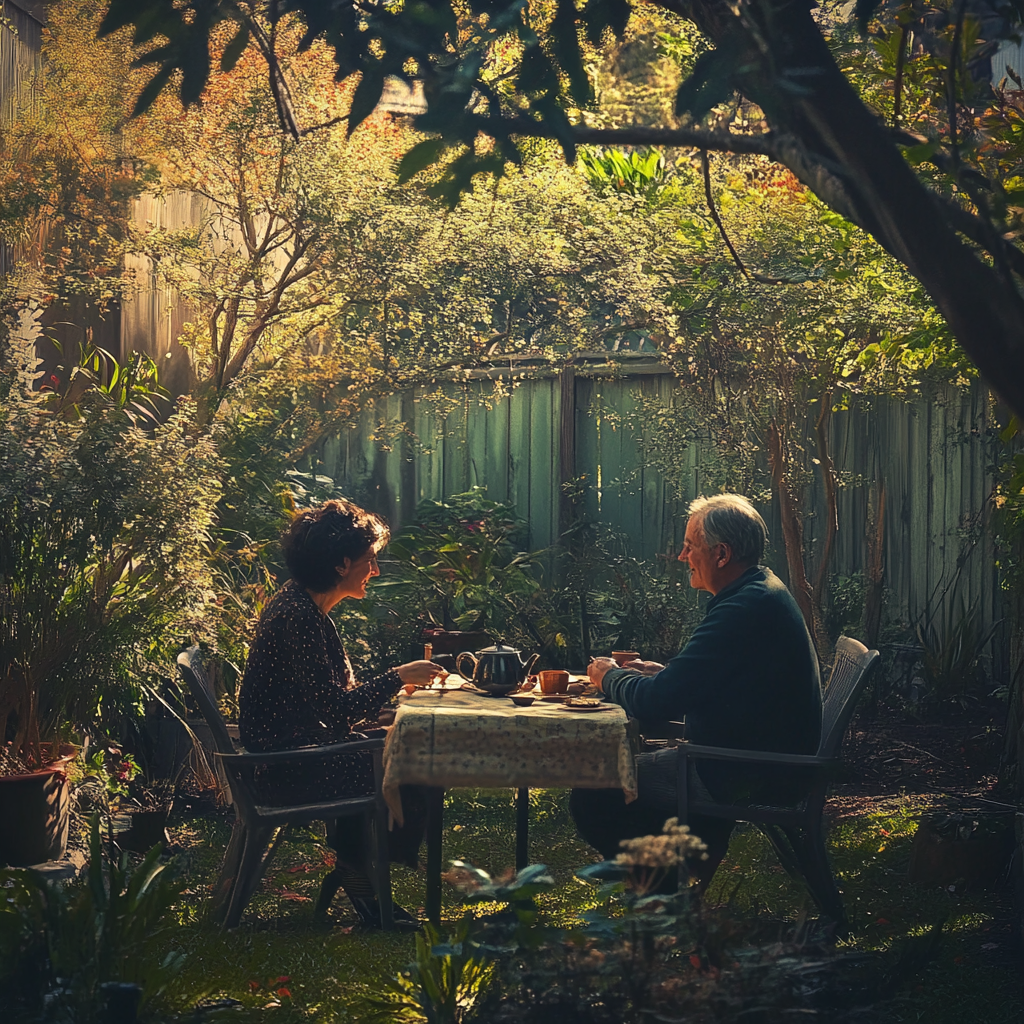 Senior couple having tea in their backyard | Source: Midjourney