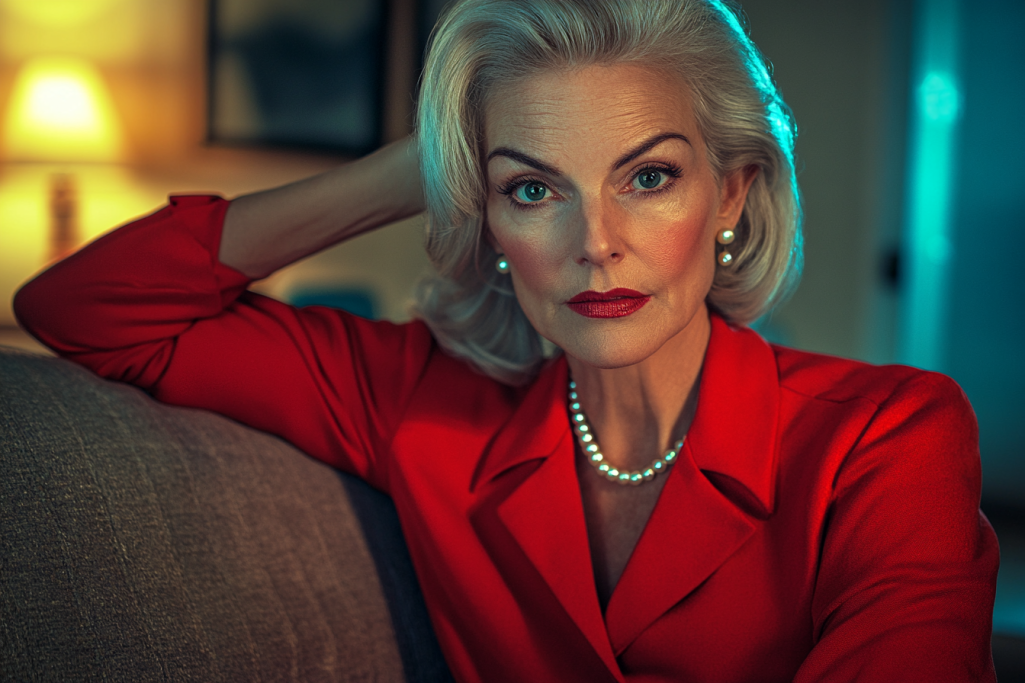 Elegant woman in her 60s sitting on a couch looking relaxed but pensive | Source: Midjourney