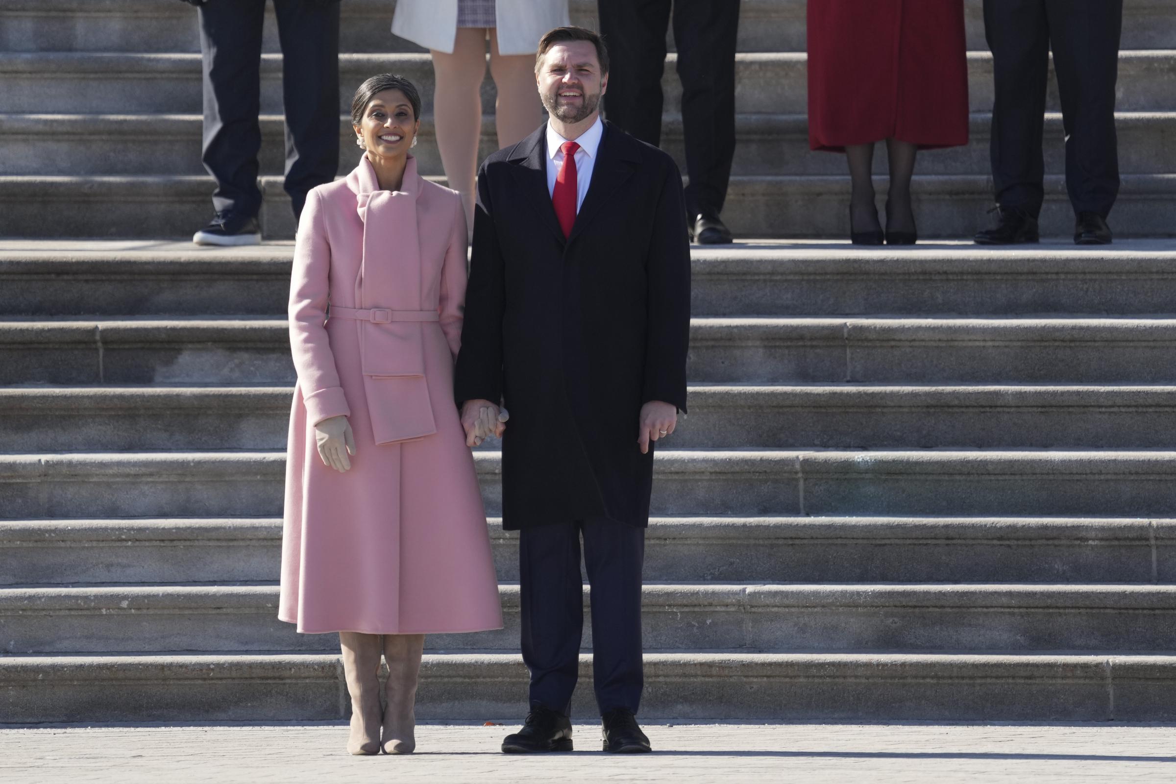 Second Lady Usha Vance standing with Vice President JD Vance during Donald Trump's inauguration. | Source: Getty Images