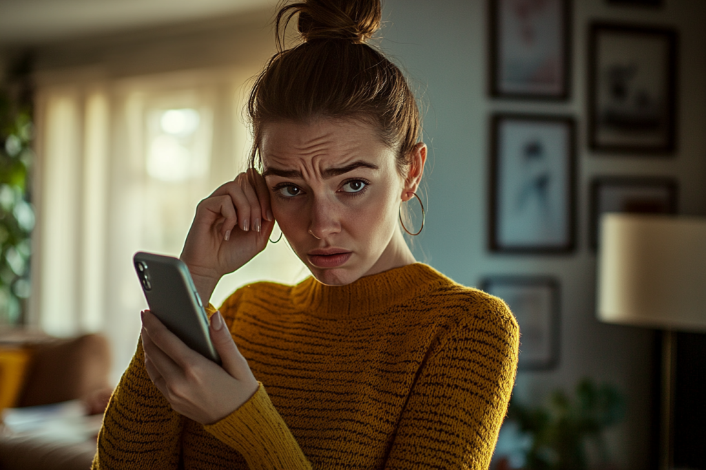 Woman in her 30s holding a phone and looking inconvenienced | Source: Midjourney