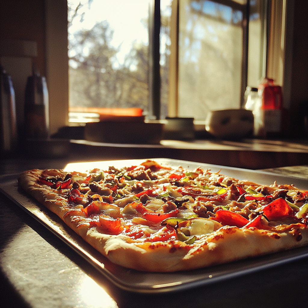 Homemade pizza on a counter | Source: Midjourney