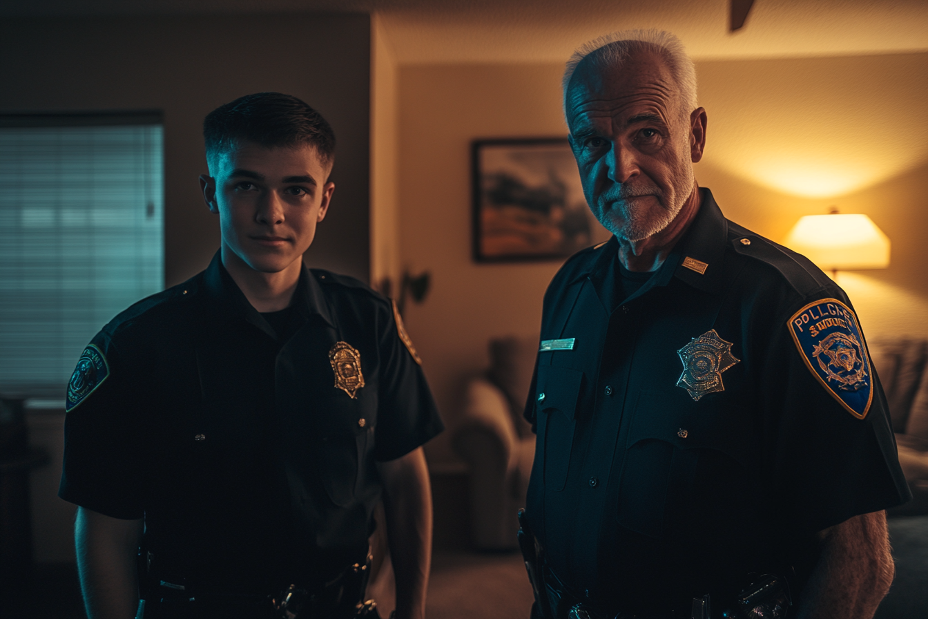 An older cop and a younger cop looking at someone in a living room | Source: Midjourney