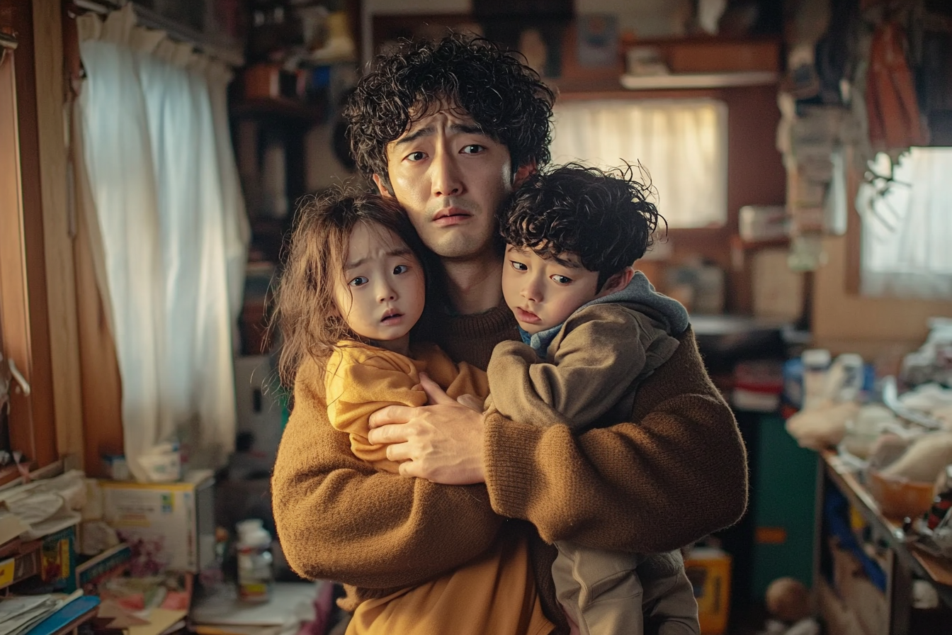 A man looks sad holding his 4-year-old twin in a cluttered apartment | Source: Midjourney