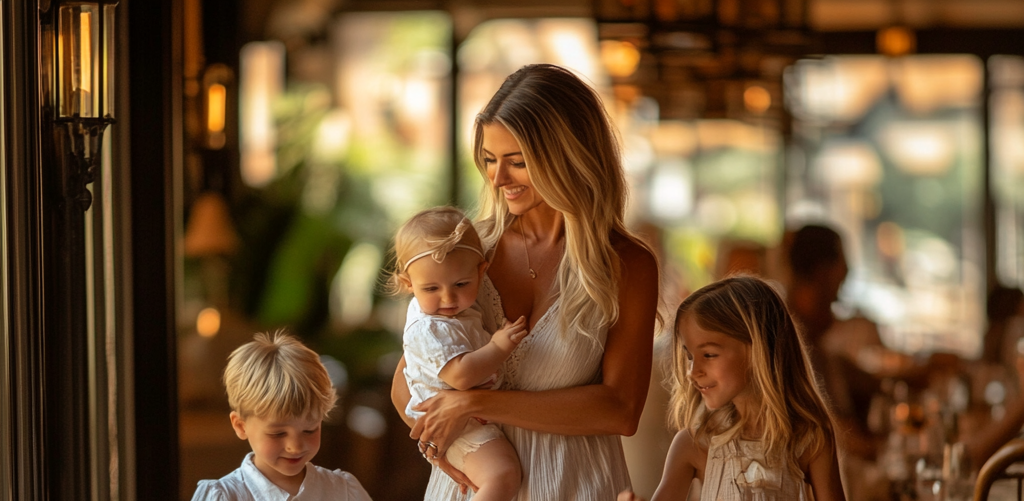 Woman walking into a fancy restaurant with her three children | Source: Midjourney