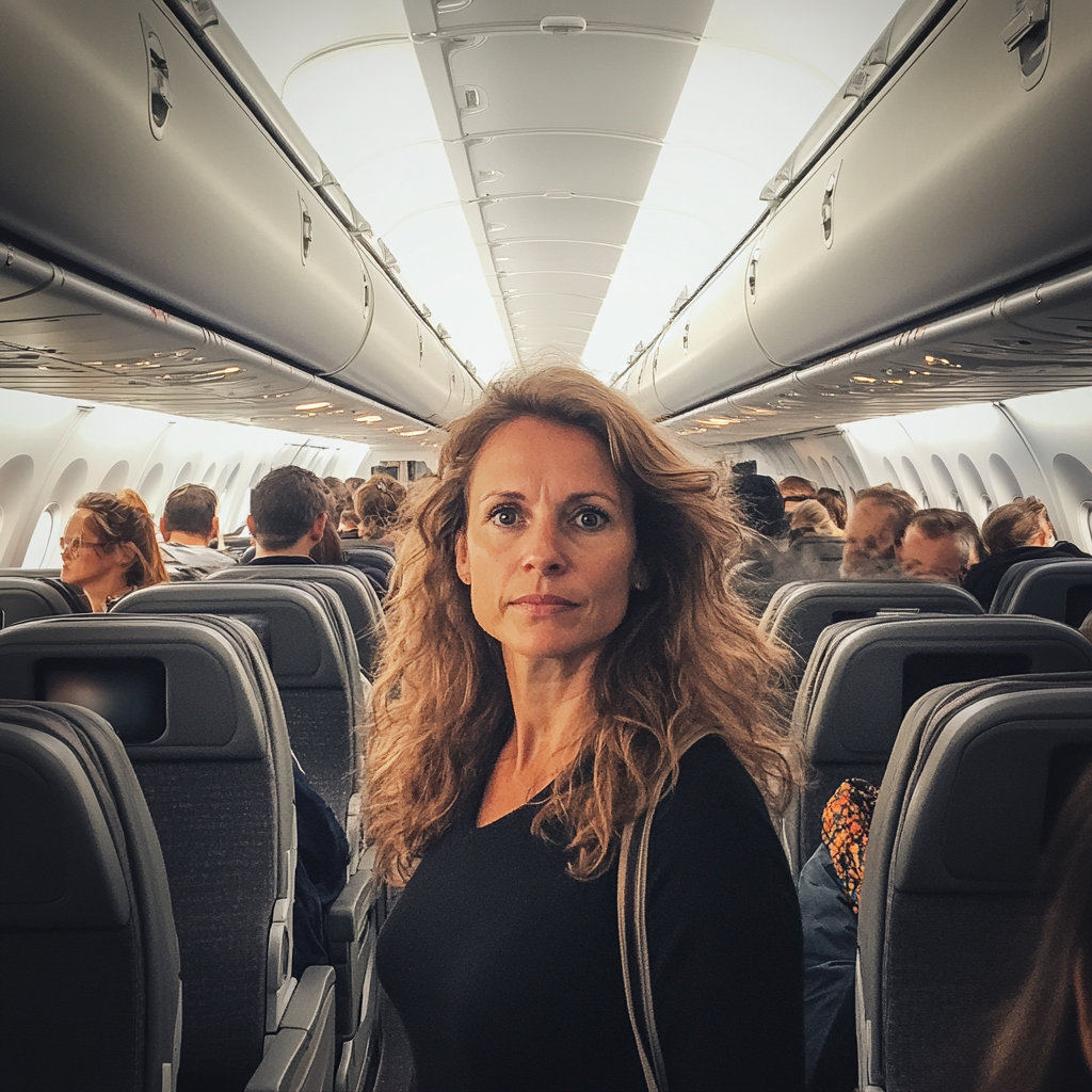 A woman standing in a crowded plane | Source: Midjourney