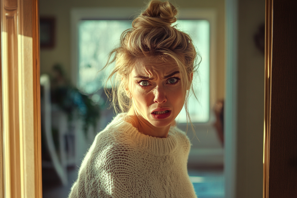 Woman yelling angrily in the doorway of a house | Source: Midjourney