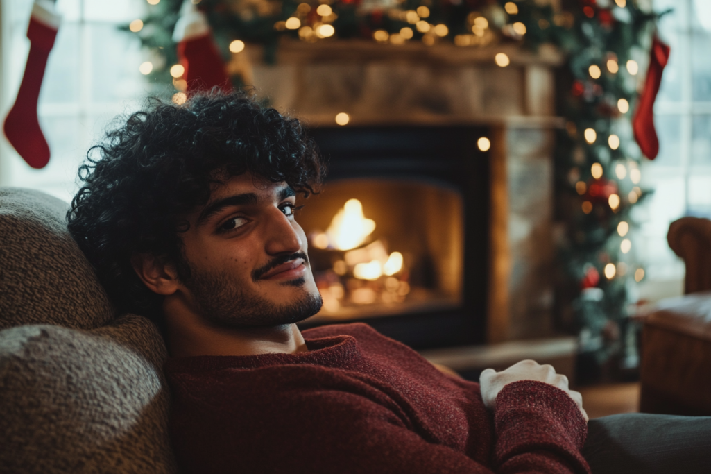 A man smiling while sitting by a fireplace | Source: Midjourney