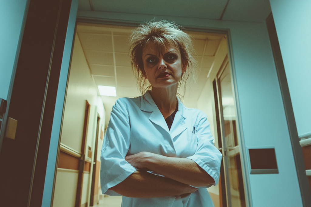 A mean-looking woman standing in a hospital doorway | Source: Midjourney