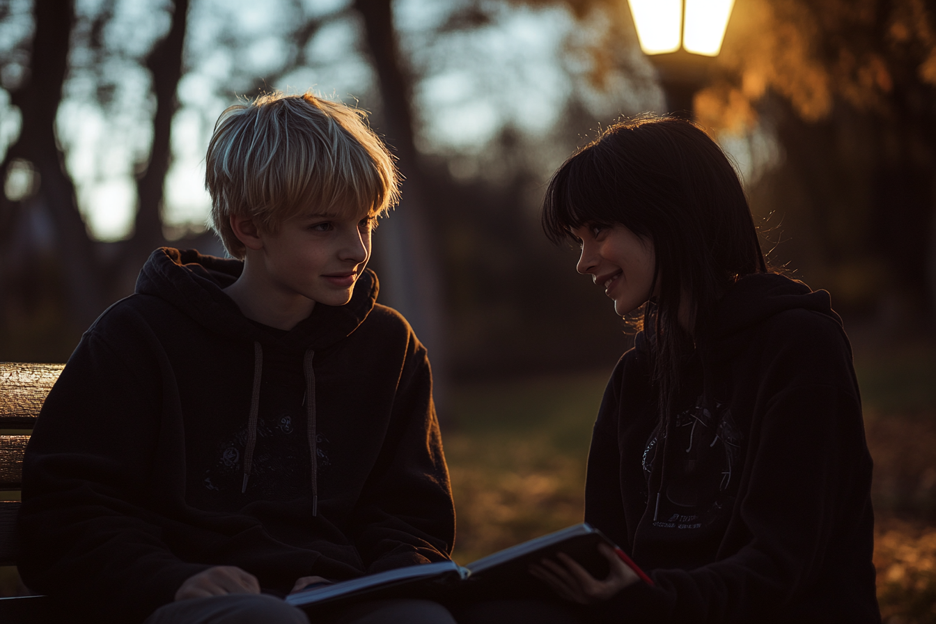 A blonde teenage boy and a teenage girl sitting on a bench in a park at night | Source: Midjourney