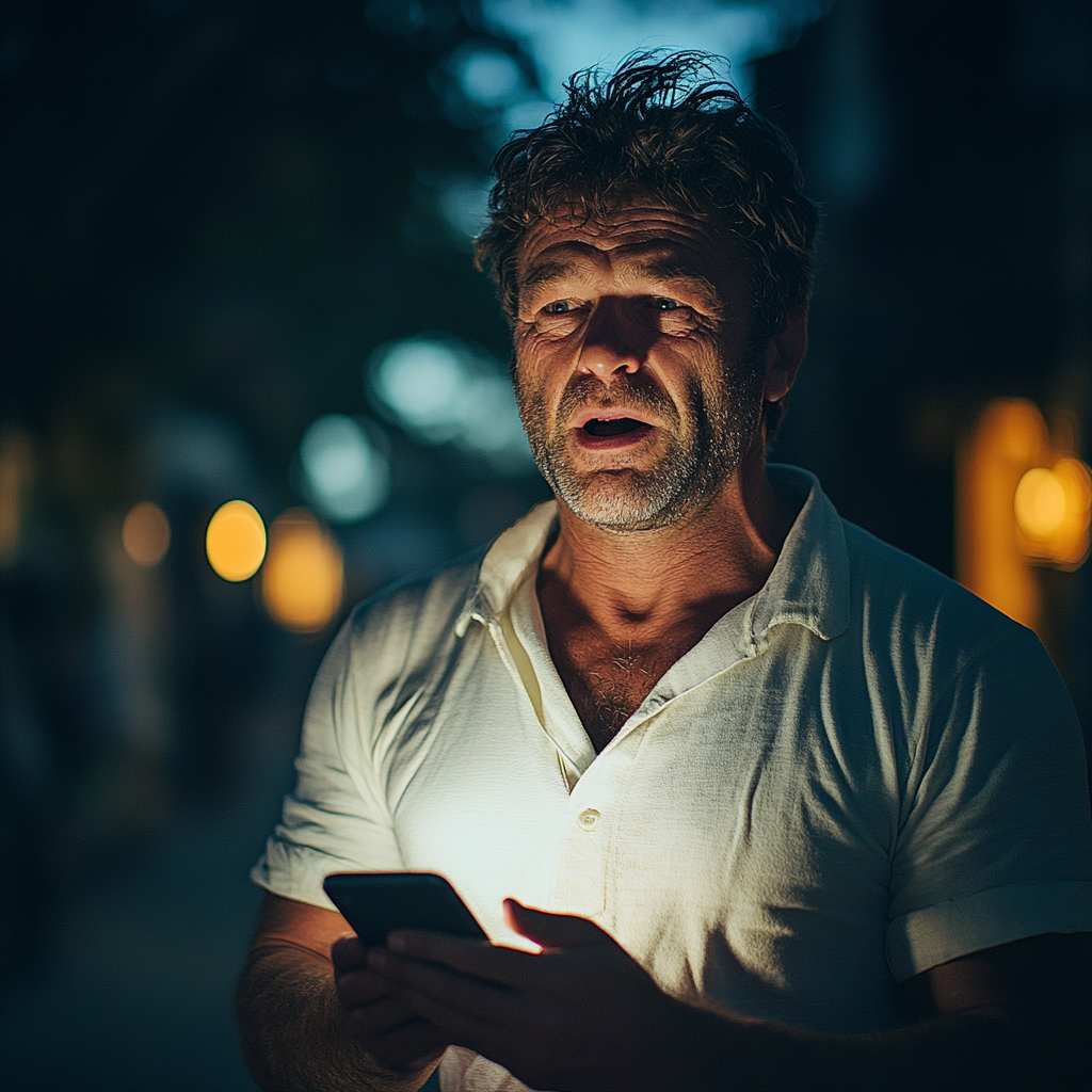 A shocked man after looking at his phone | Source: Midjourney