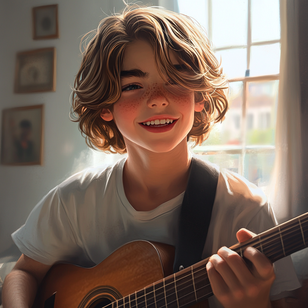 A cheerful boy playing a guitar in his room | Source: Midjourney