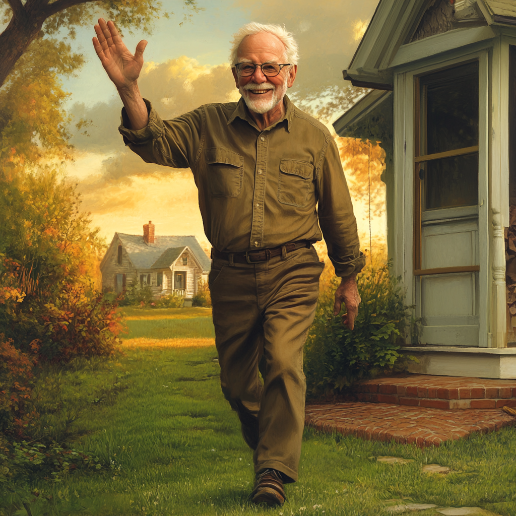 A cheerful older man walking on the lawn | Source: Midjourney