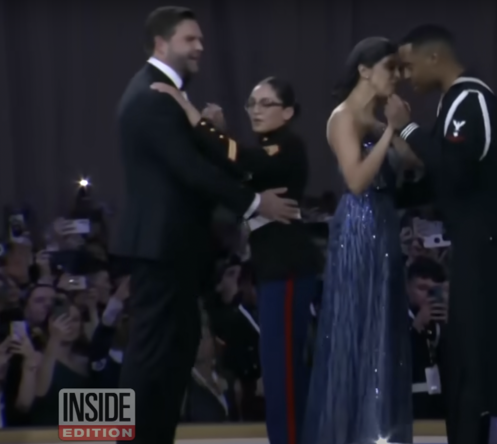 Vice President Vance dances with Marine Corps Sergeant Lexis Martinez, while his wife Usha dances with petty officer Emmanuel of the U.S. Navy, dated January 23, 2025 | Source: YouTube/@InsideEdition