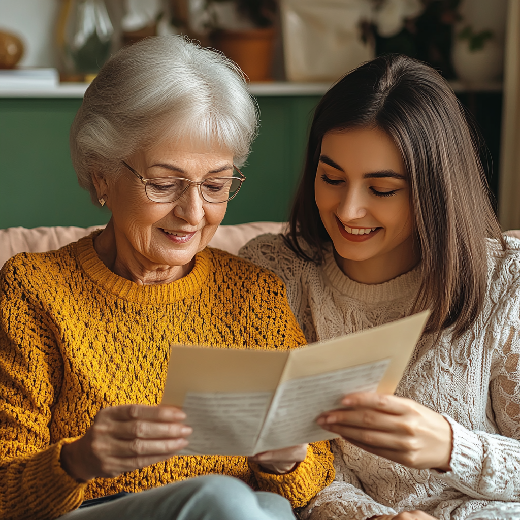 Senior woman and her daughter in law reading a document | Source: Midjourney