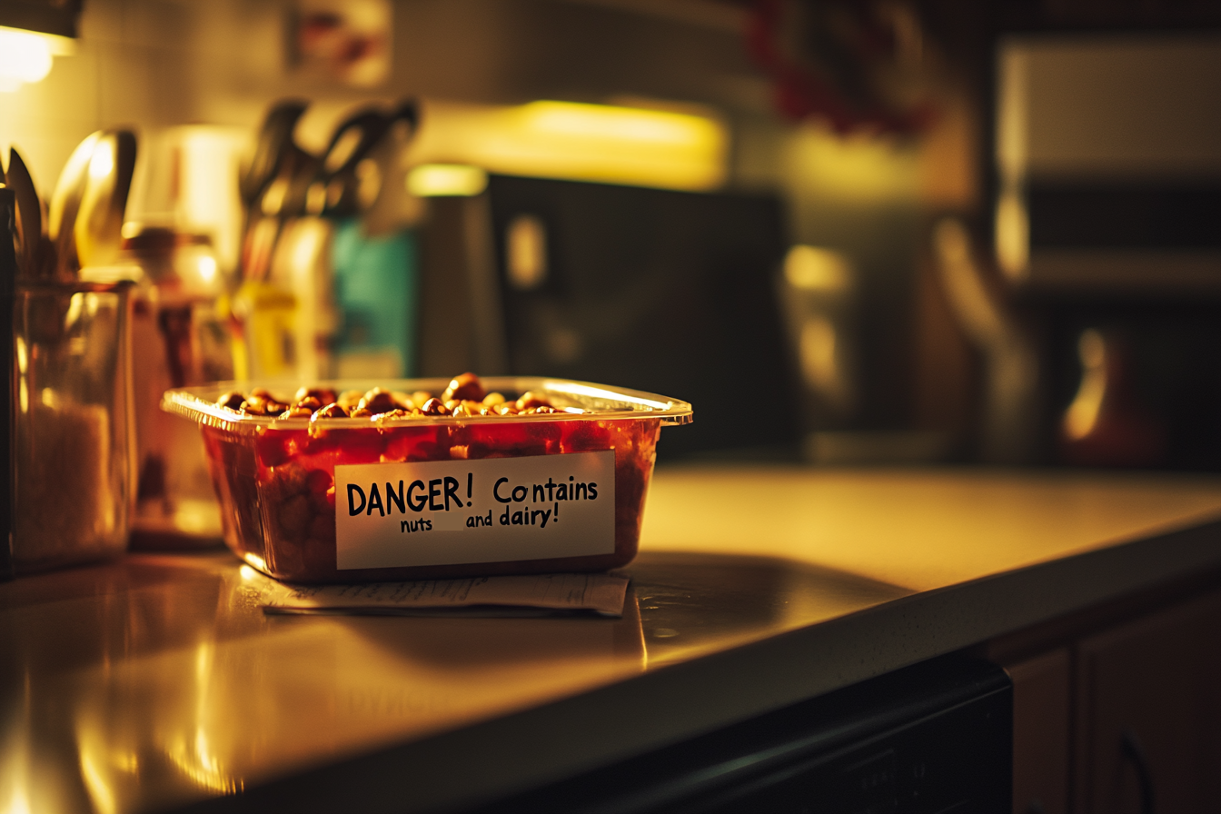 Container of food on top of kitchen counter that says "Danger, contains nuts and dairy" | Source: Midjourney