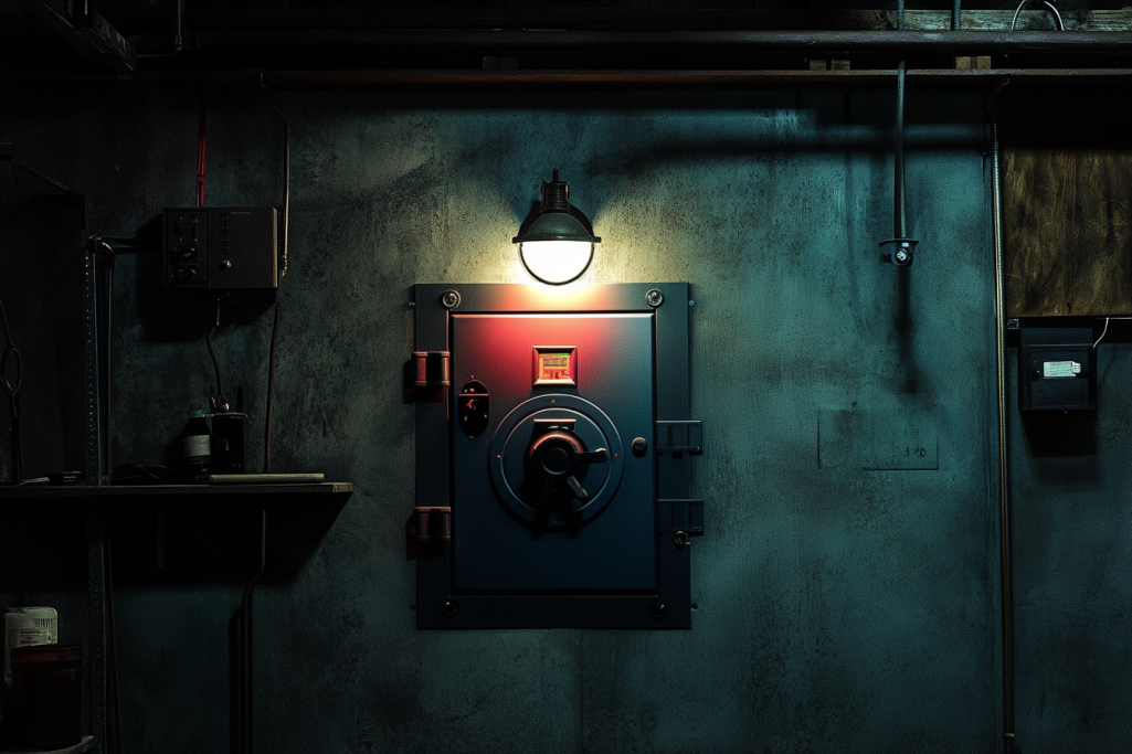 A wall safe in a garage at night | Source: Midjourney