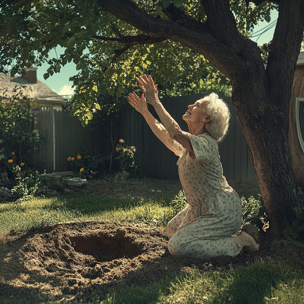 An elderly woman and a newly dug hole | Source: Midjourney