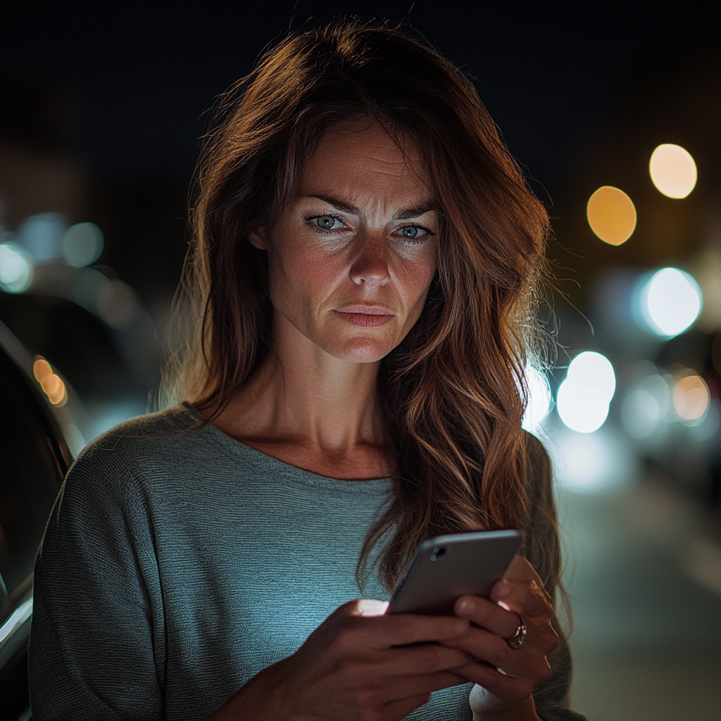 A woman looking at her phone | Source: Midjourney