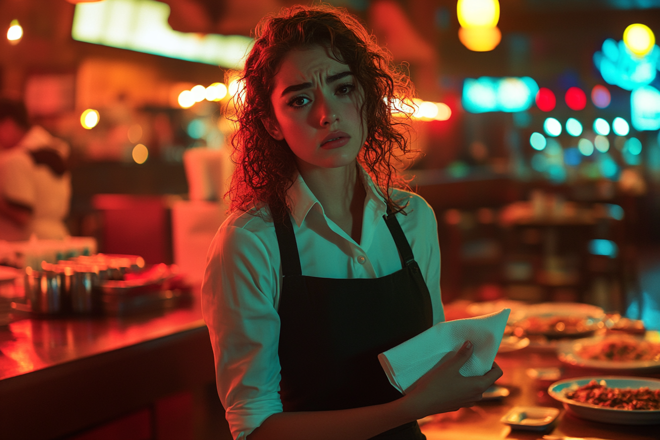 Waitress with a sad face holding a napkin in a restaurant | Source: Midjourney