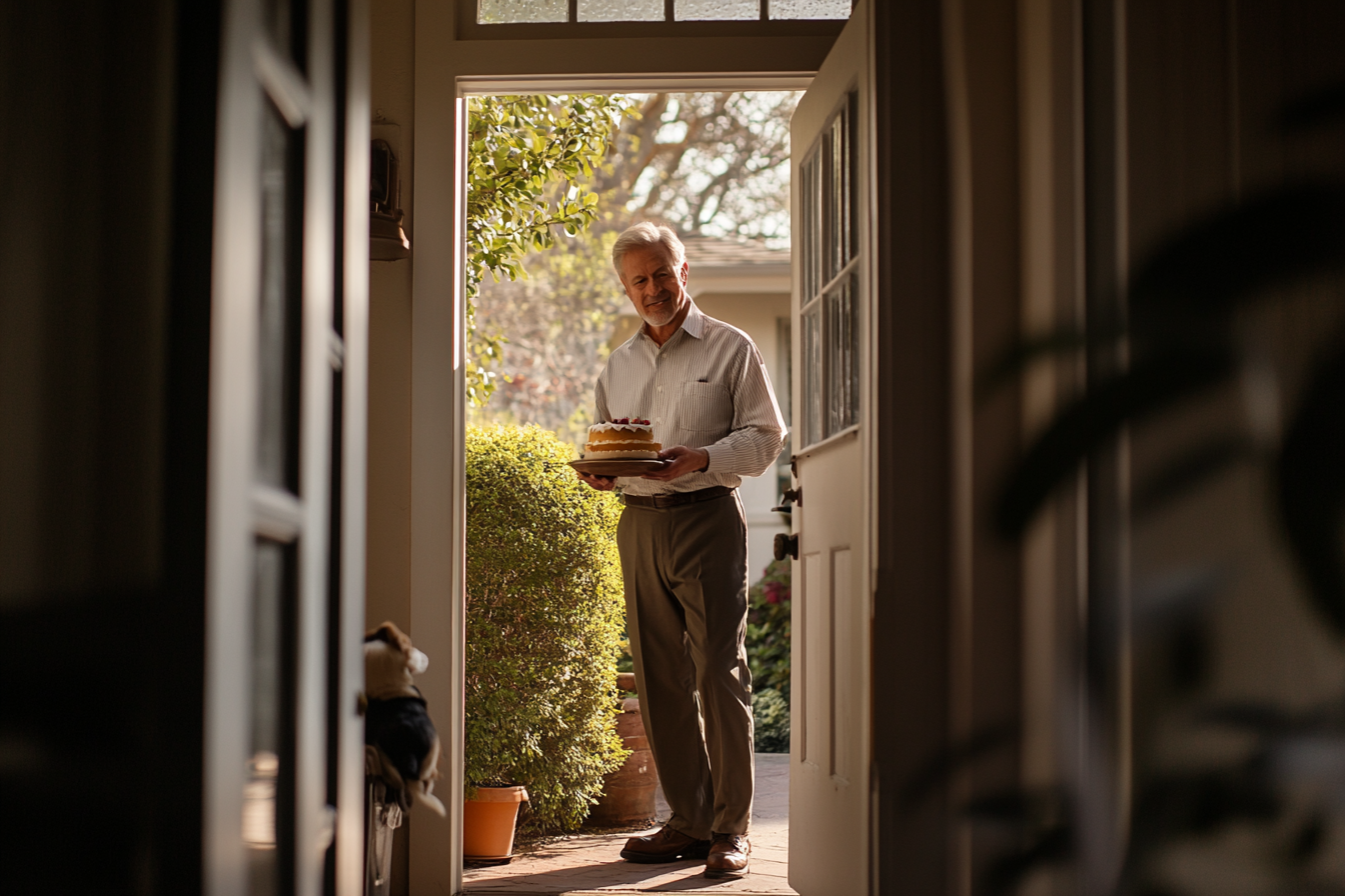 Man in his 50s standing in a doorway holding a birthday cake | Source: Midjourney