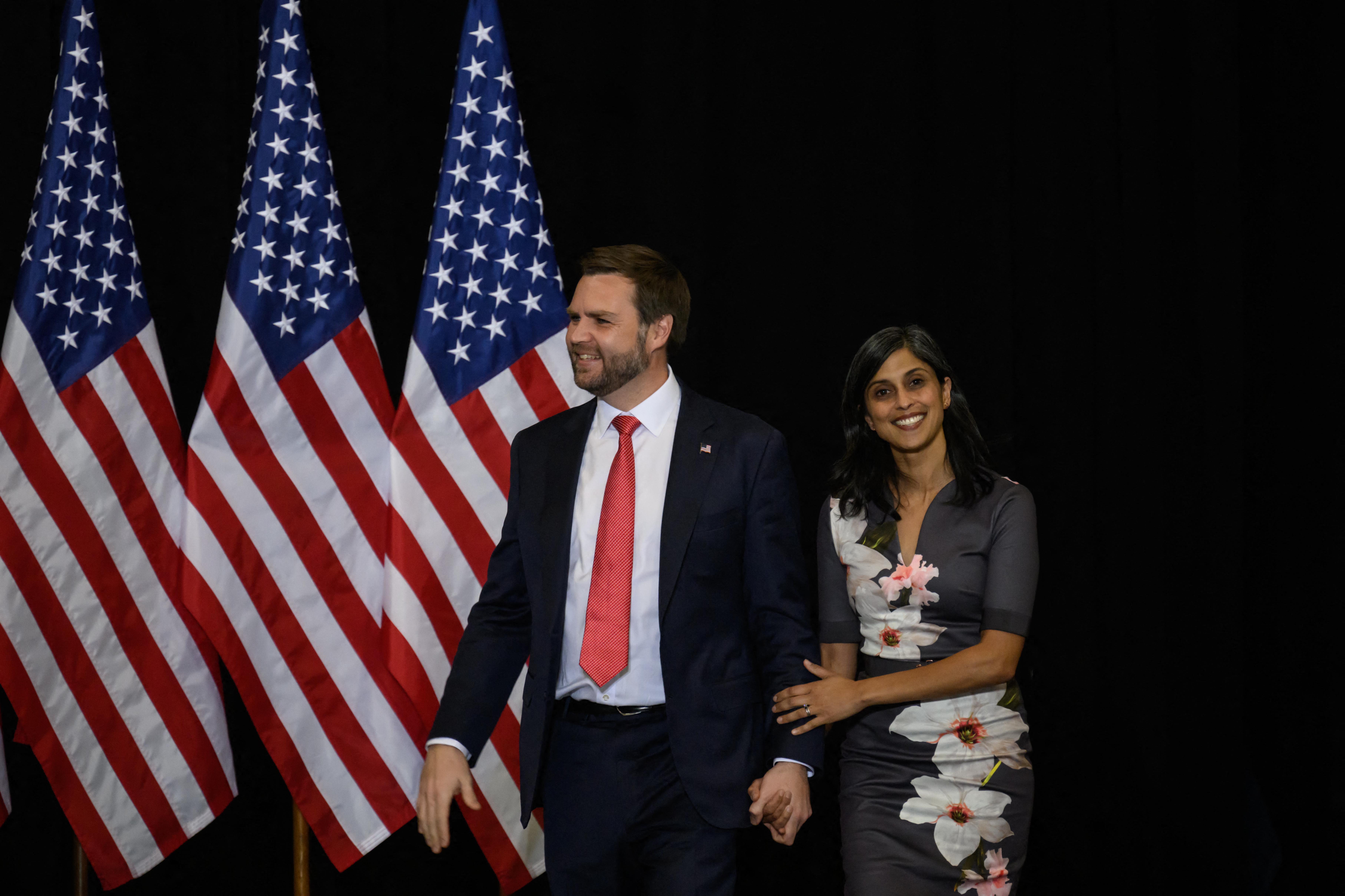 JD and Usha Vance arriving for a campaign rally in Aston Township, Pennsylvania on November 3, 2024. | Source: Getty Images