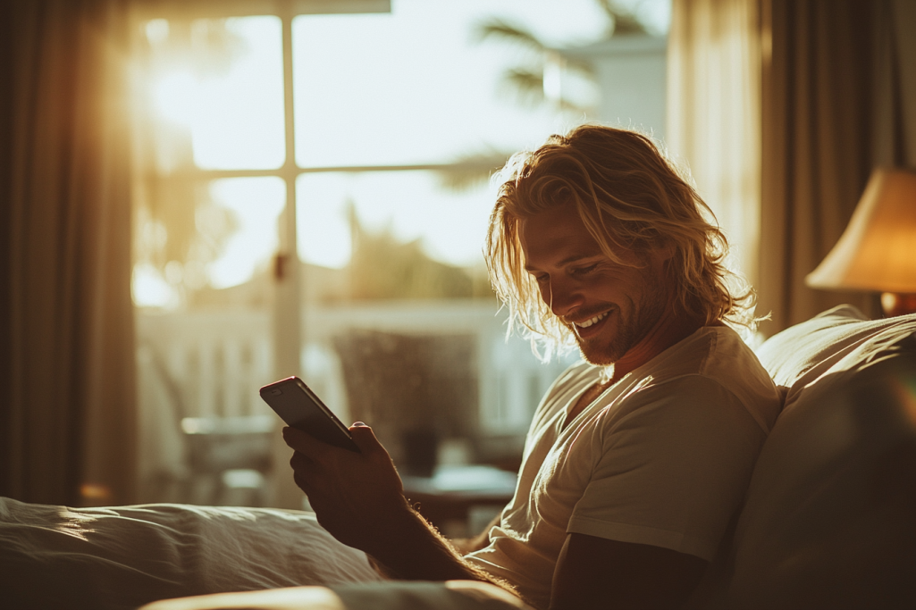 A blonde man in his 30s sits on a hotel resort bed scrolling his phone smiling | Source: Midjourney